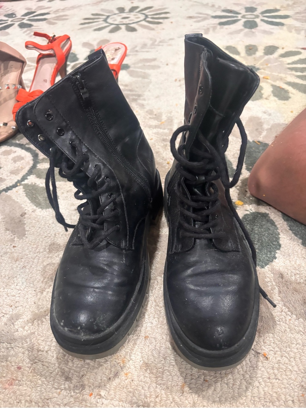 Women's Black Lace-Up Combat Boots with Side Zip
